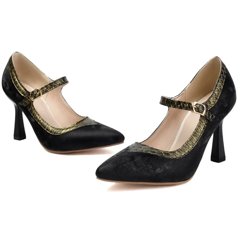 Point toe Women's High Heels Pumps Dress Mary Jane Shoes Black Heeled Office Party Footwear Shoes Ladies Large Size 45
