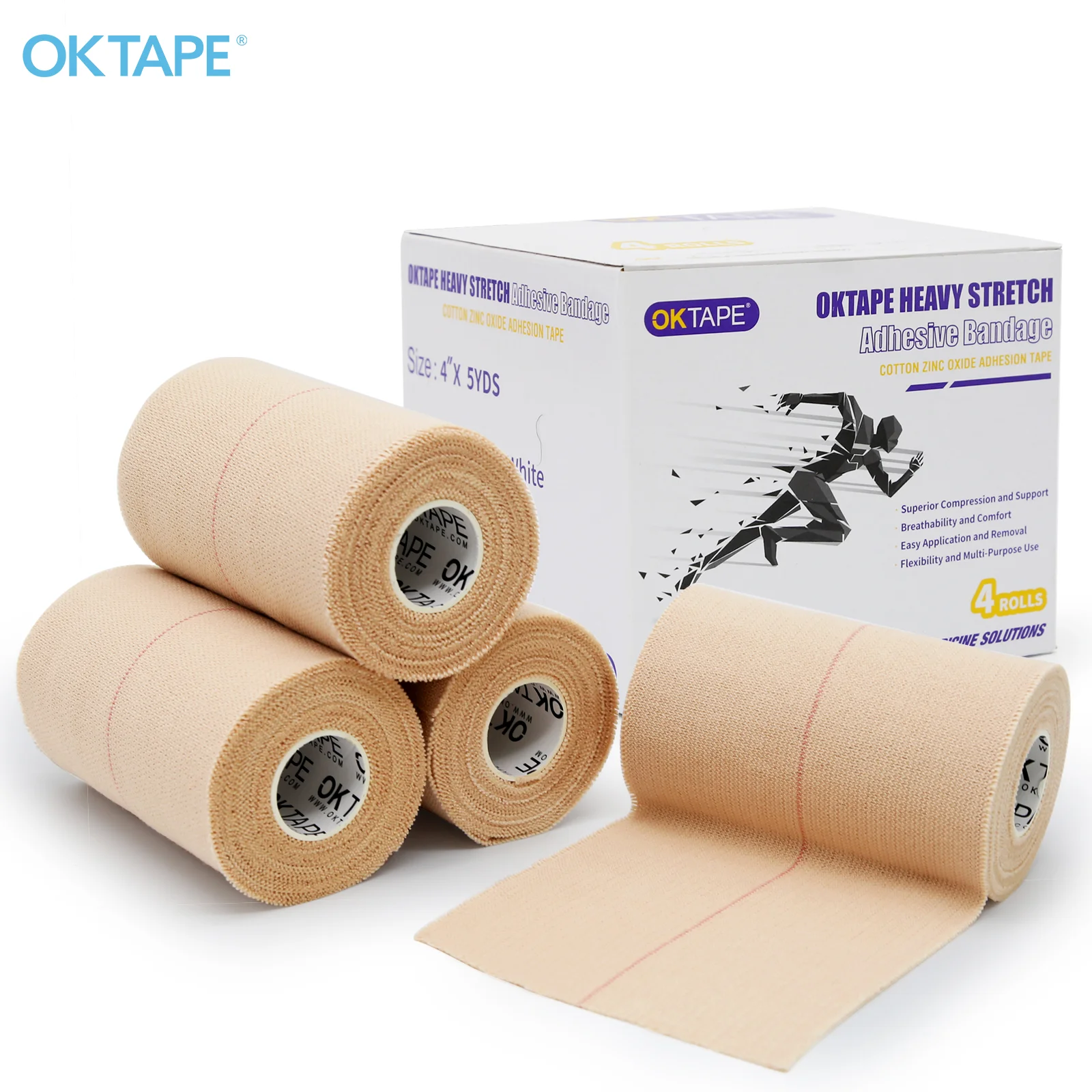 OK TAPE Heavy Stretch Adhesive Bandage 4 Rolls, Cotton ZINC OXIDE Adhesion Tape 4.5M, First Aid Injury Wrap Sports Protection