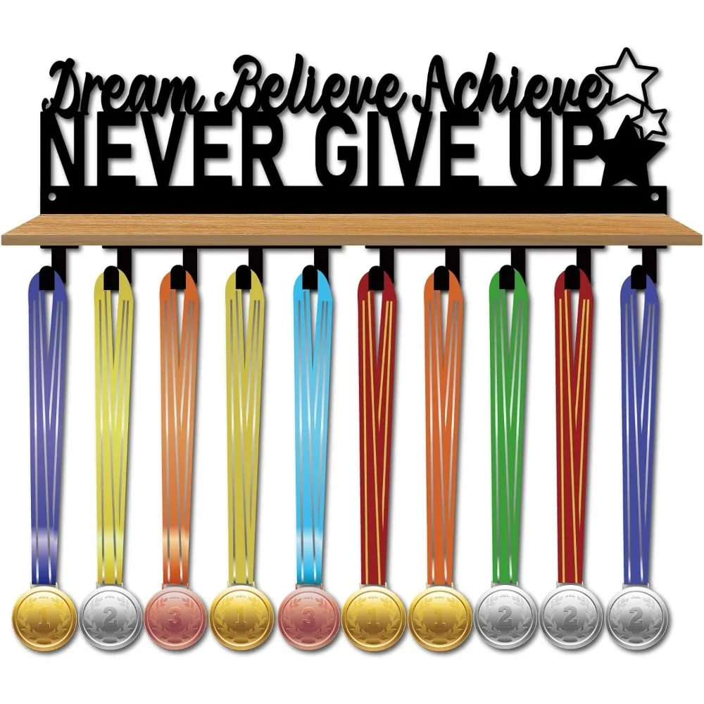 

Medal Hanger Display Trophy Shelf Medal Holder Hanger with Shelf Stand Sports Wall Mount Holds 60+ Medals Organizer Rack