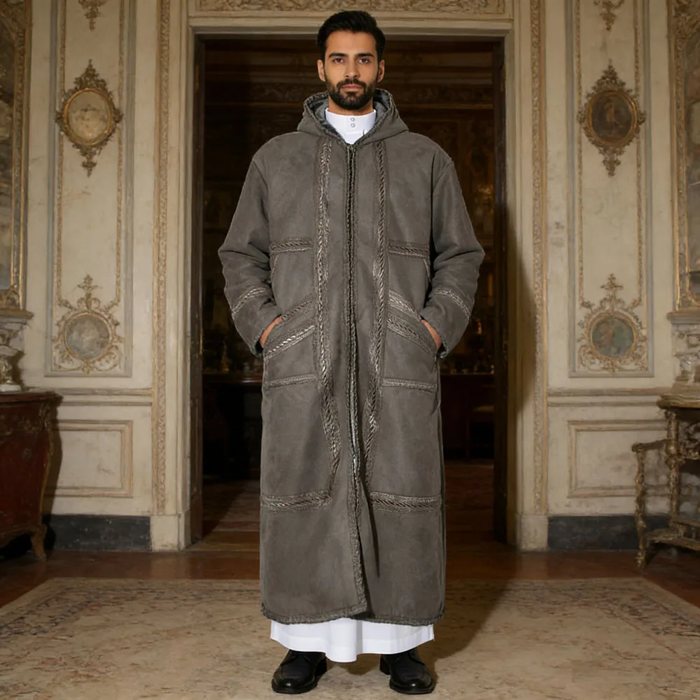 

Suede Velvet Abaya Muslim Men's Prayer Robe Thickened Coat Warm Hooded Cardigan Eid Djellaba Islam Jubba Thobe Abaya Winter New