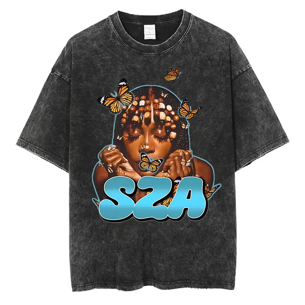 

Washed Vintage Rapper SZA Butterfly Face Graphic T-shirt Men Women Hip Hop Fashion T Shirts Unisex Casual Cotton Retro T-shirts
