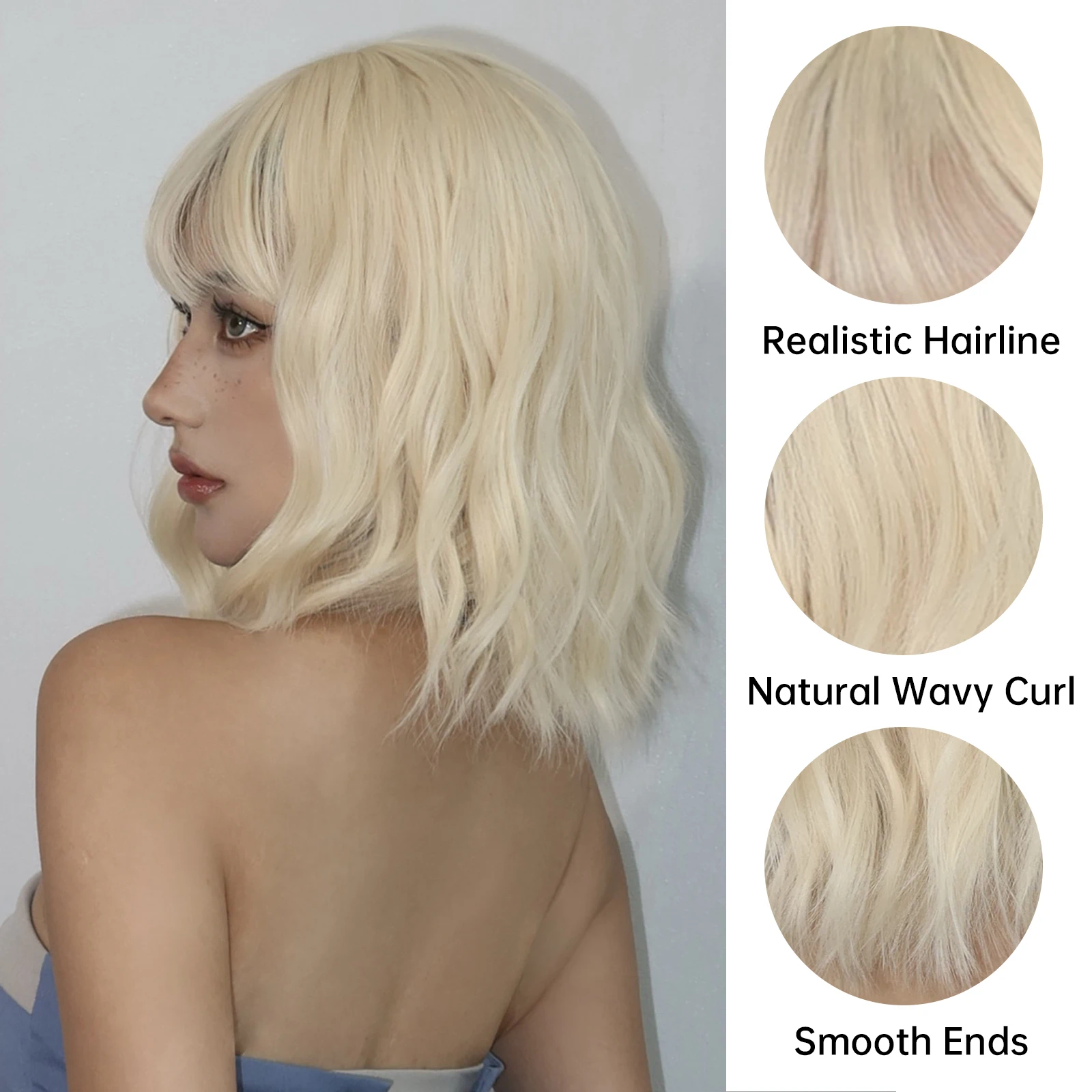 Blonde Short Curly Bob Synthetic Wigs with Bangs Platium Golden Lolita Cosplay Wigs for Women Daily Party Cosplay Heat Resistant