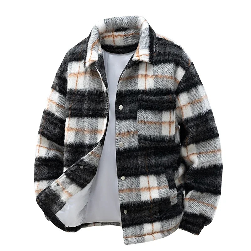 Men's Casual Retro Jacket Autumn New Color-block Fashion Student Check Print Outdoor Travel Lapel Coat Couples Woolen Jacket
