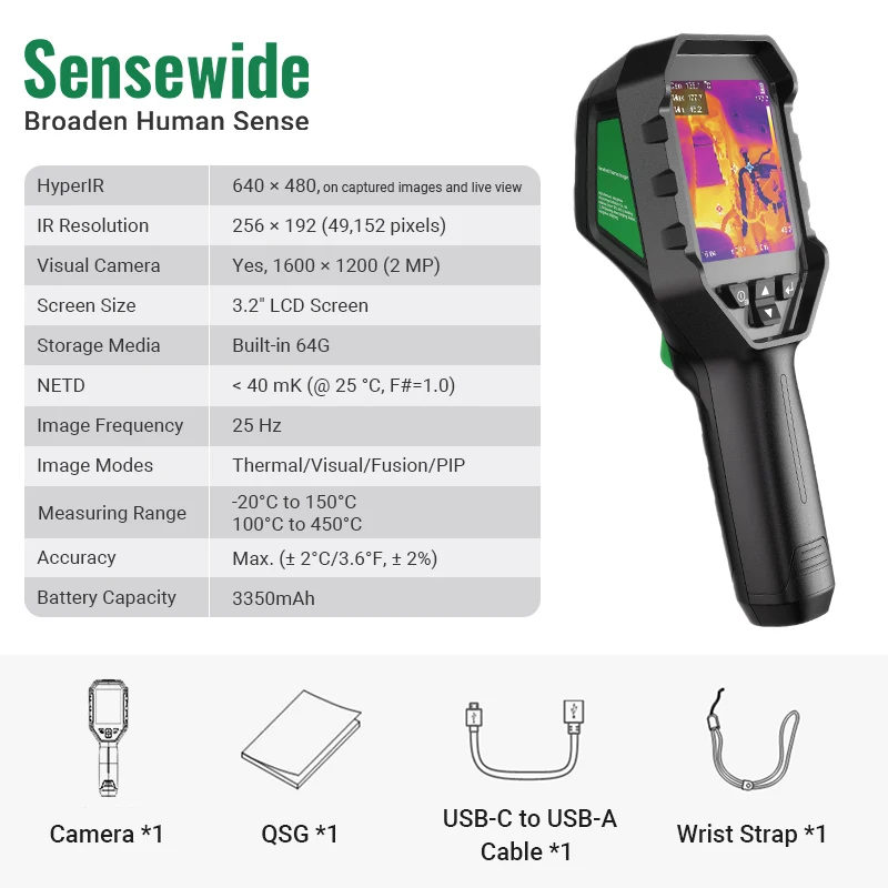 Sensewide FH26 Professionele Thermische Beeldvormingscamera 640x480 HyperIR, 3.2" Display met 2MP Visuele Camera 64GB 25Hz Thermische Camera