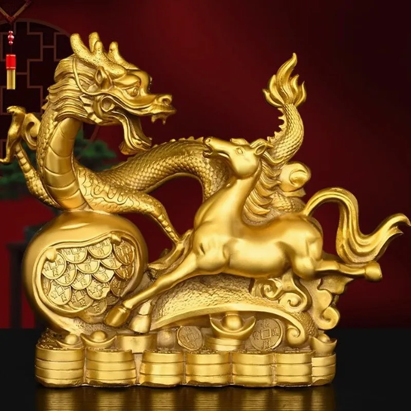 Brass dragon and horse figurine, a gift for elders and superiors, suitable for living room, study, or home decoration; features