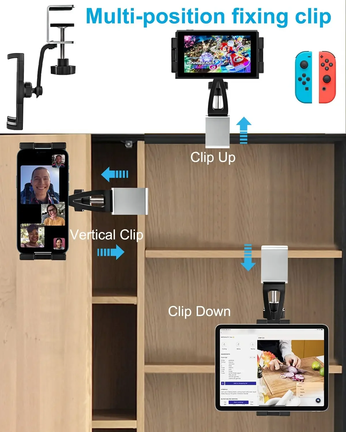 Kitchen Tablet Mount Aluminum Clamp 360° Rotation for 7-14.5 inches Clamp Tablets Phone Holder for iPad Xiaomi Samsung Huawei