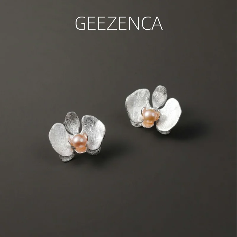 GEEZENCA 925 Sterling Silver Pearl 3D Phalaenopsis  Flower Earrings For Women Aesthetic Plant Grace Chic Earring New Party Gift