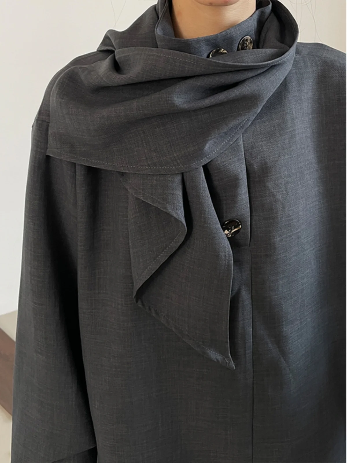 

Retro Button up Shirt Half High Collar Casual Style Patchwork Design Youth Trend Loose Fit Long Sleeve Pure Color Top