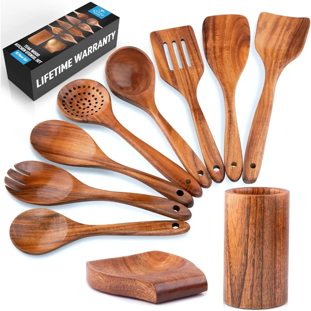 

10-Piece Wooden Spoons for Cooking - Smooth Finish Teak Wooden Utensils for Cooking - Soft Comfort-Grip Wood Spoons for Cooking