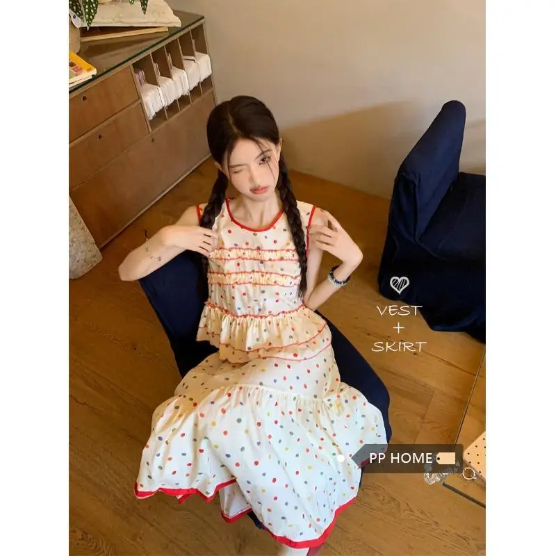 

Summer 2024 New Trendy French Ruffled Edge Sweet Polka Dot Vest High Waisted A-line Skirt Gentle Style Set Female Clothing