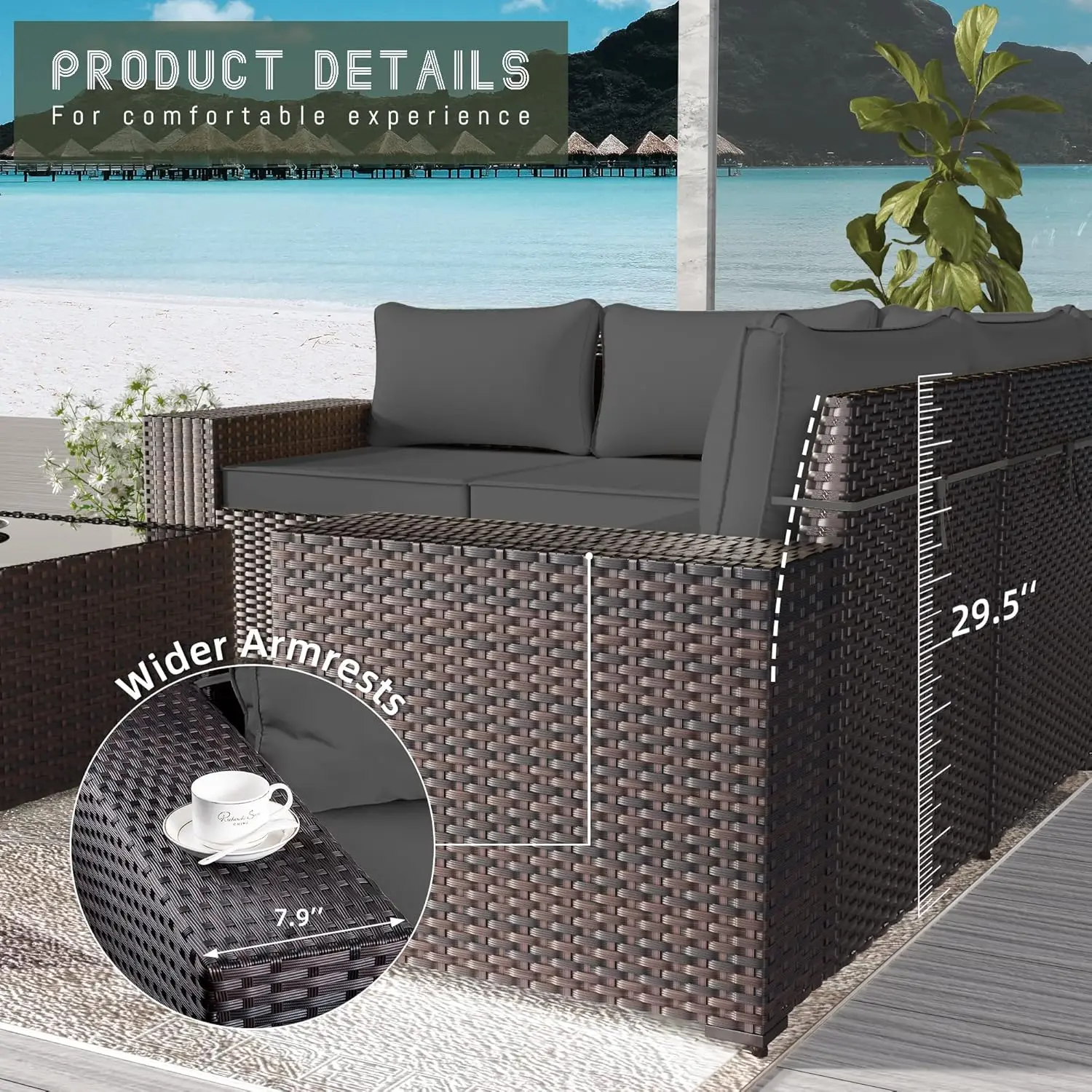 Outdoor PE Wicker Furniture Set, All Weather Pátio sofá secional, Conjuntos de Conversa Modular, 6 Pcs
