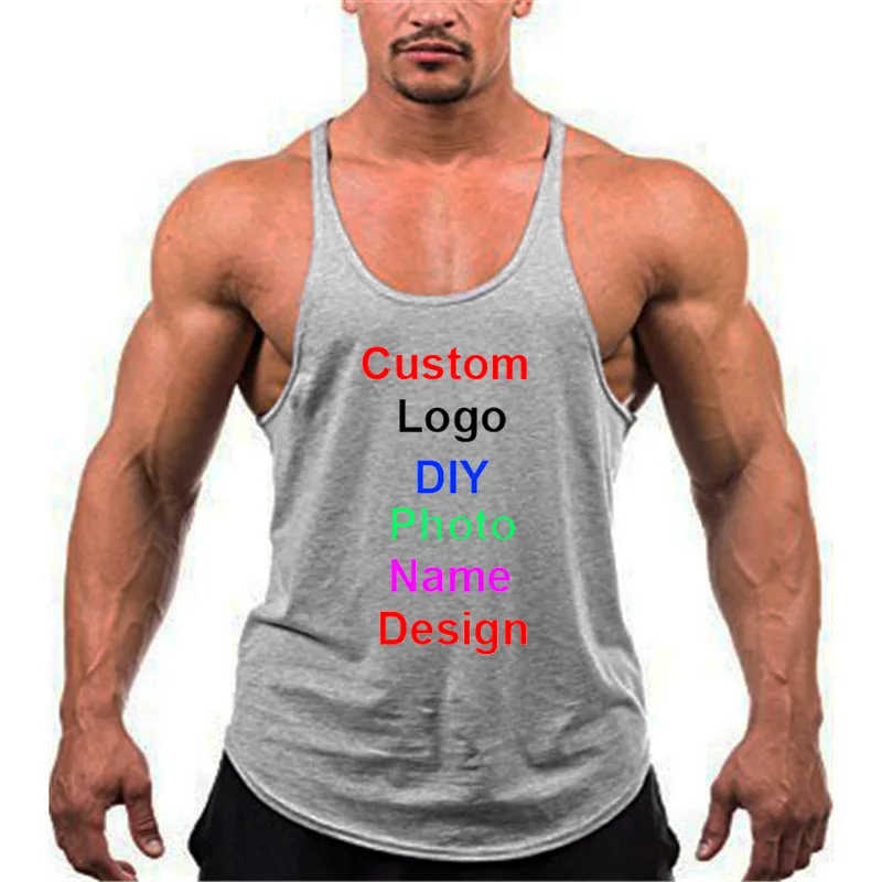 DIY Brand Logo Customized Y Back Gym Stringer Tank Top Men Cotton Fitness Clothing Bodybuilding Sleeveless Shirt Workout Singlet