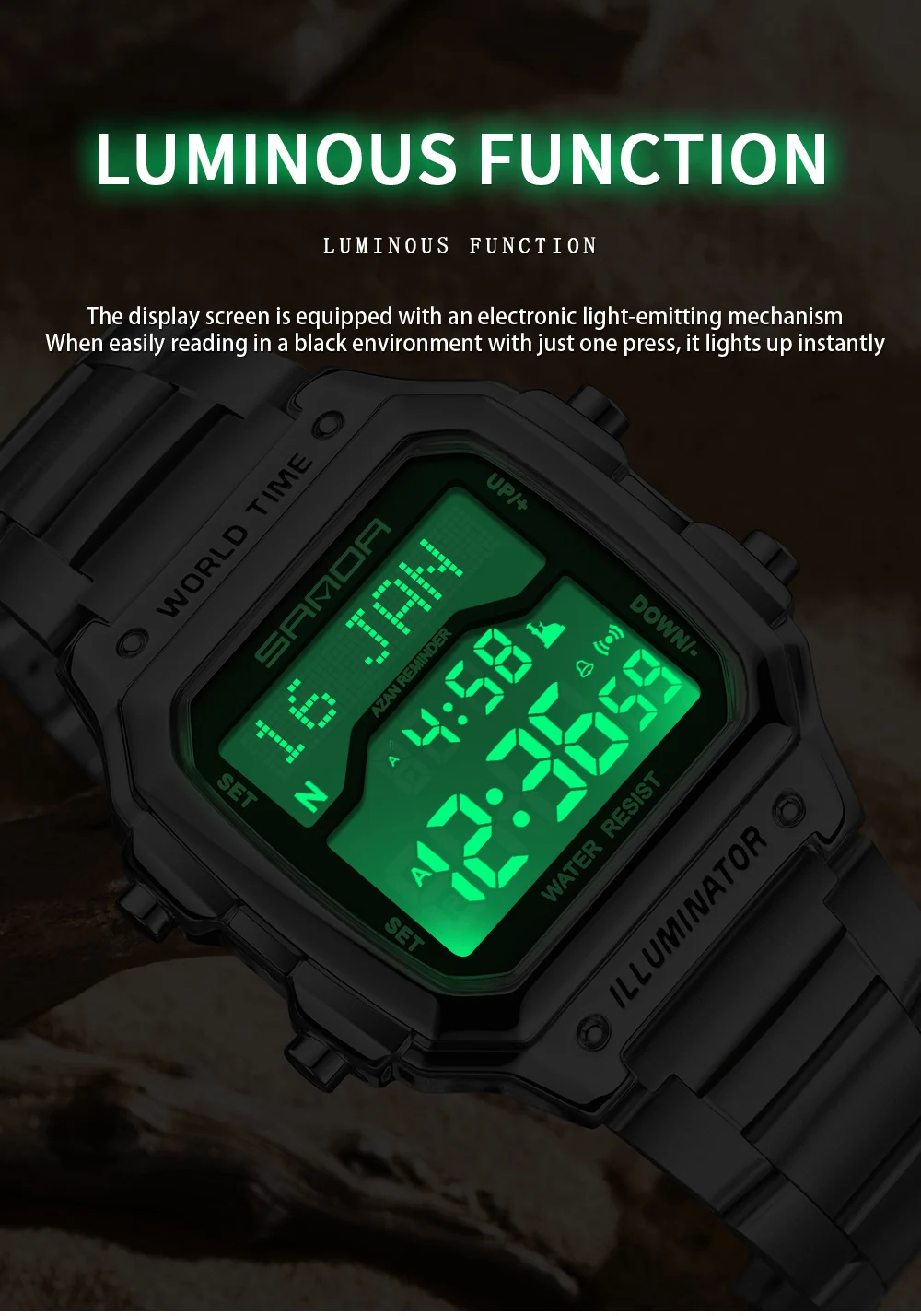 SANDA 2173 мужские электронные цифровые часы водонепроницаемые светодиодные многофункциональные таймеры обратного отсчета мужские электронные часы будильник