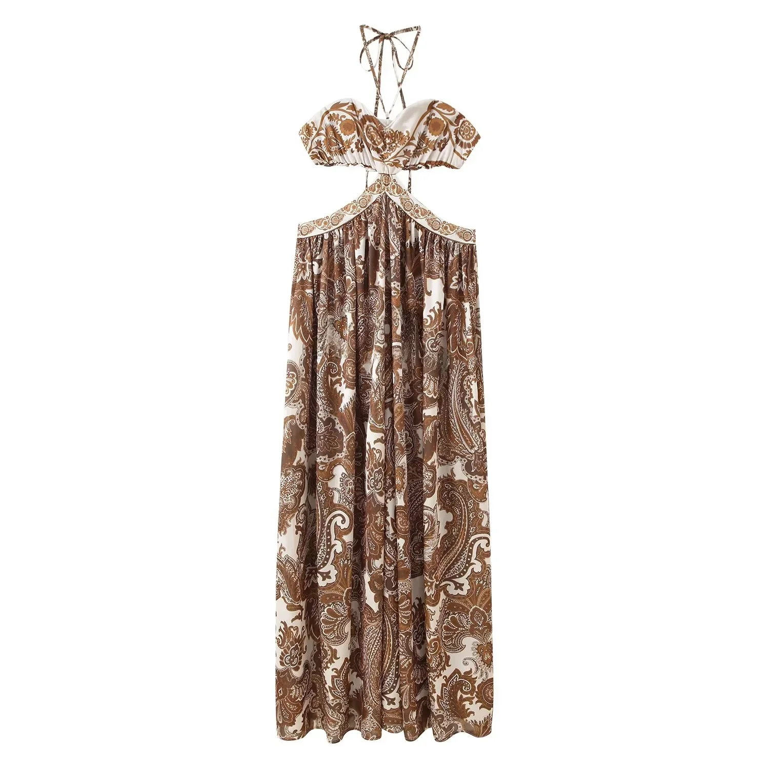 فستان ماكسي نسائي جديد للخريف بطباعة طويلة وياقة على شكل V بدون أكمام مع تصميم شق جانبي من البوليستر بأسلوب عصري للشاطئ والعطلات