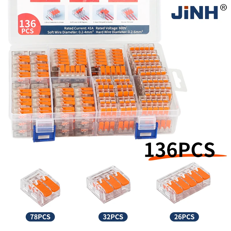 

Комплект быстрозажимных электрических мини-коннекторов JINH, 136 шт., в коробке, компактный клеммный блок с рычагом для быстрого подключения кабелей