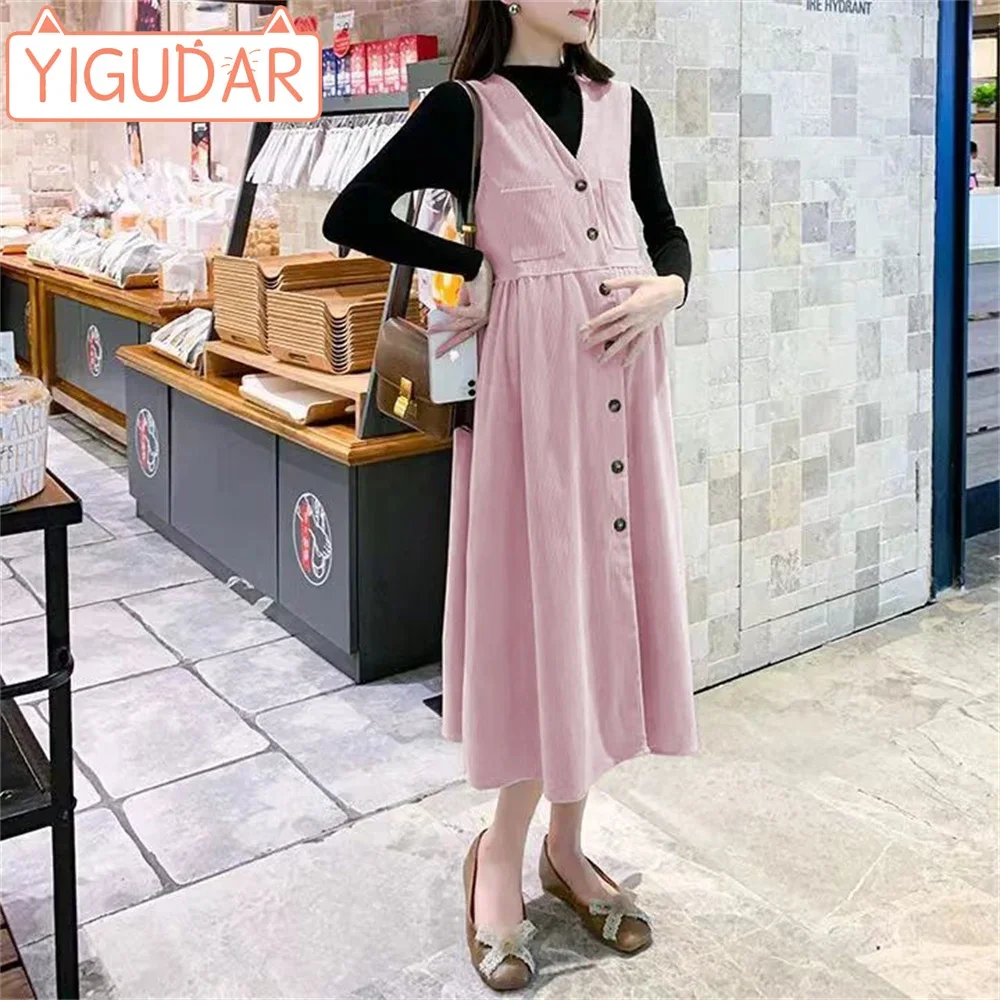 Autumn Pregnant Women's Strap Dress High Waist Button Button Maternity Corduroy Pink Pregnant Women Clothing Knee Length Skirt