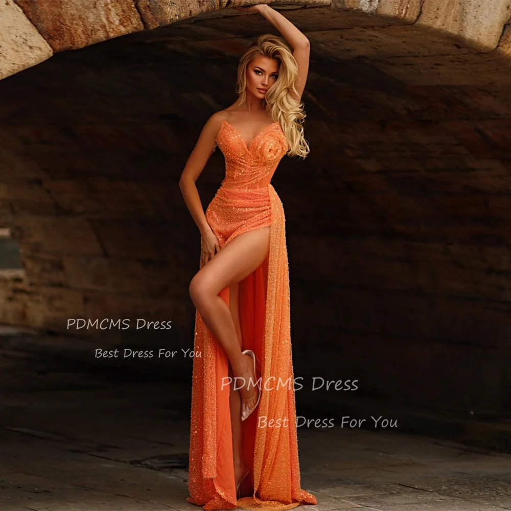 

Sexy Modern Orange Evening Dresses Sweetheart Sleeveless Beading Party Prom Dress for Women Cocktail Slit Formal Celebrity Gowns