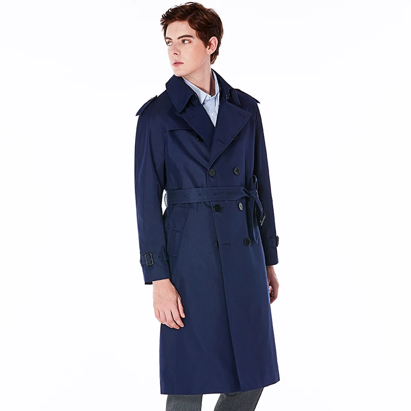 

knee length trench coat men's double breasted black cotton polyester British fashion custom windbreaker jacket men