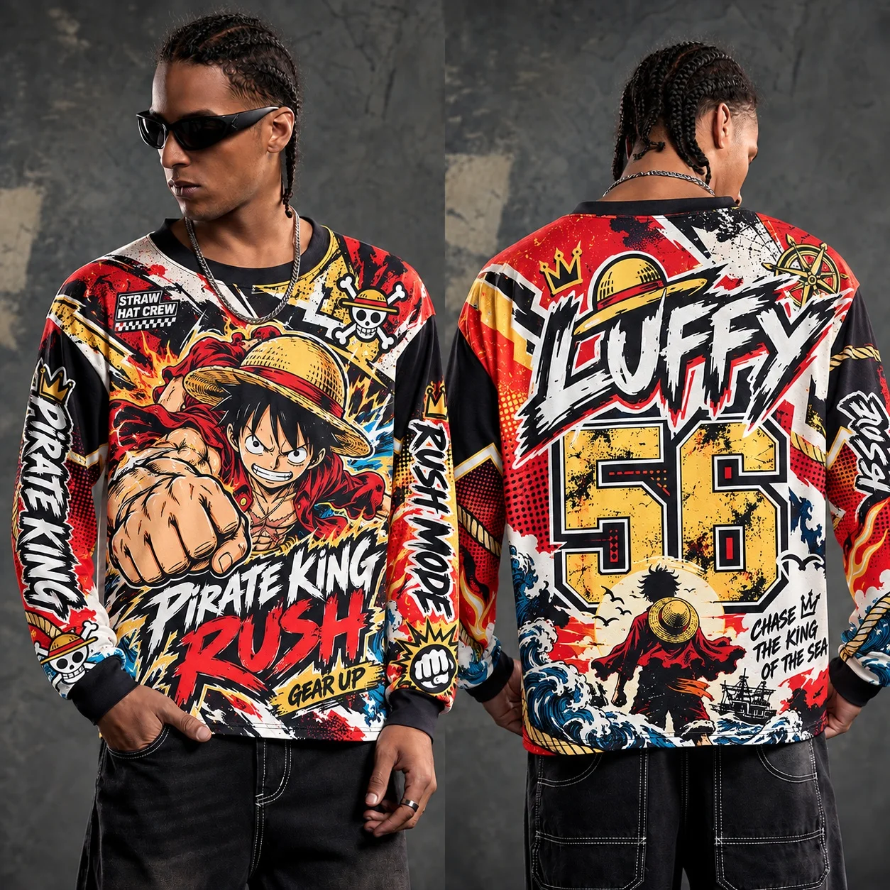 Luffy One Piece Graphic Sweatshirt Men Adult Anime Long Sleeve Pullover Oversized Pirate Streetwear Casual Crewneck Top