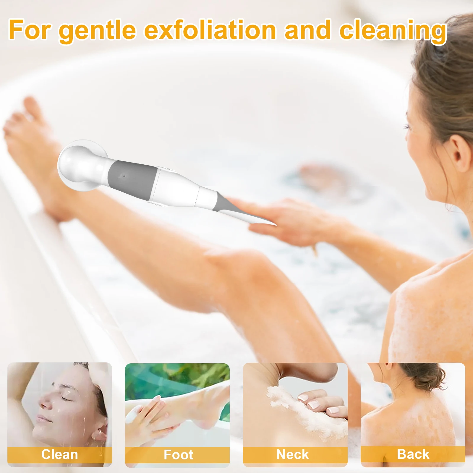 4 In 1 Electric Body Brush Long Handle Exfoliating Scrubber IPX6 Waterproof Massaging Cleaning Brush with 4 Replacement Heads