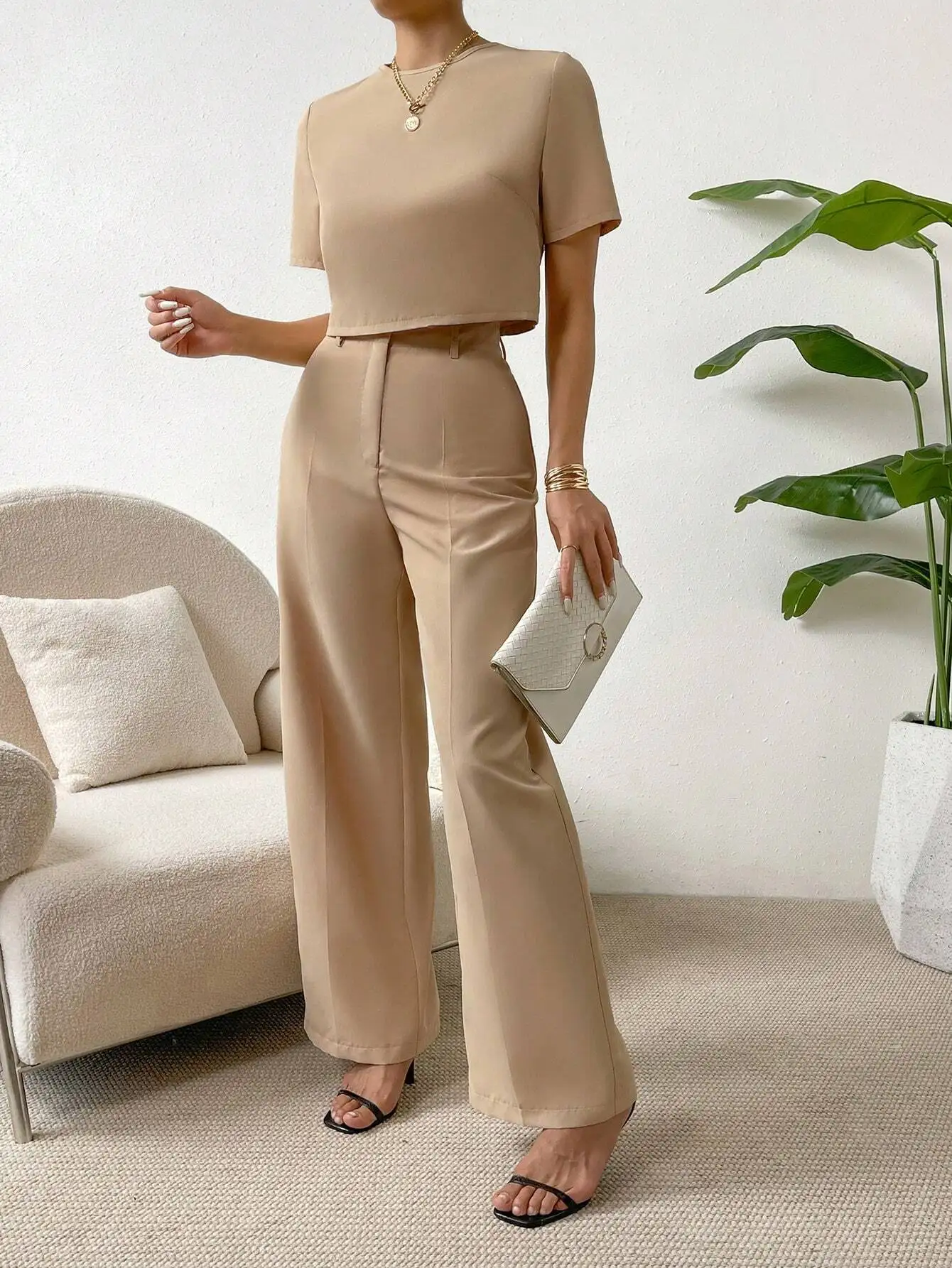 

Beige Solid Crop Top and Wide Leg Pants Set for Women