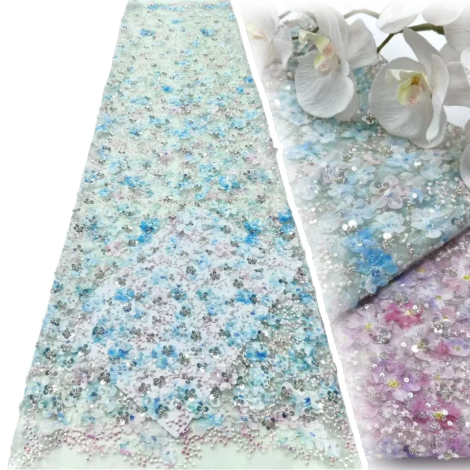 

Высокое качество африканский нигерийский 3D тюль с бисером кружевная ткань с вышивкой вечернее платье с блестками французская сетчатая ткань для шитья 5Y TP1414