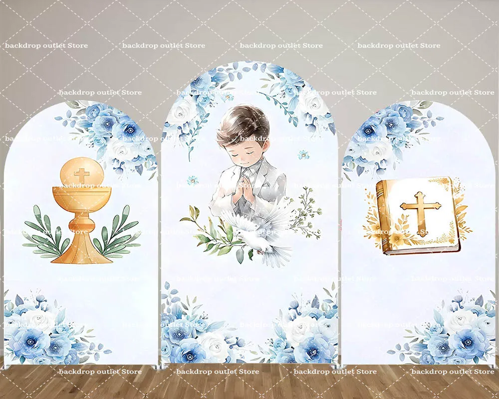 

Mehofond God Bless Arch Backdrop Cover Boy Baptism Cross First Communion Christening Flower Baby 2-sided Background Chiara Decor
