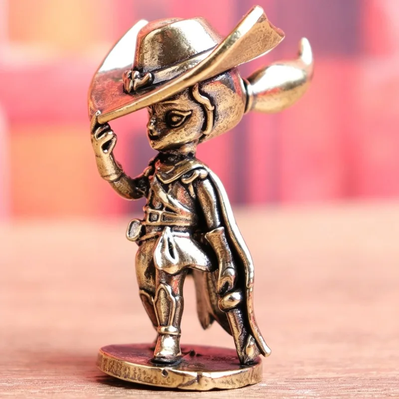 Vintage Brass Cowboy Swordsman Figurine, Chibi Western Knight Statue with Hat & Cape, Mini Desktop Ornament,  Brass Craft Gift