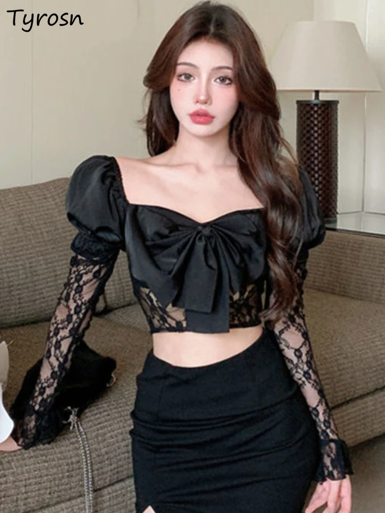 Blouses Women Sexy Sheer Retro Lace Summer Cropped Design Elegant Hot Girls Korean Style Bow All-match Stylish Creativity Casual