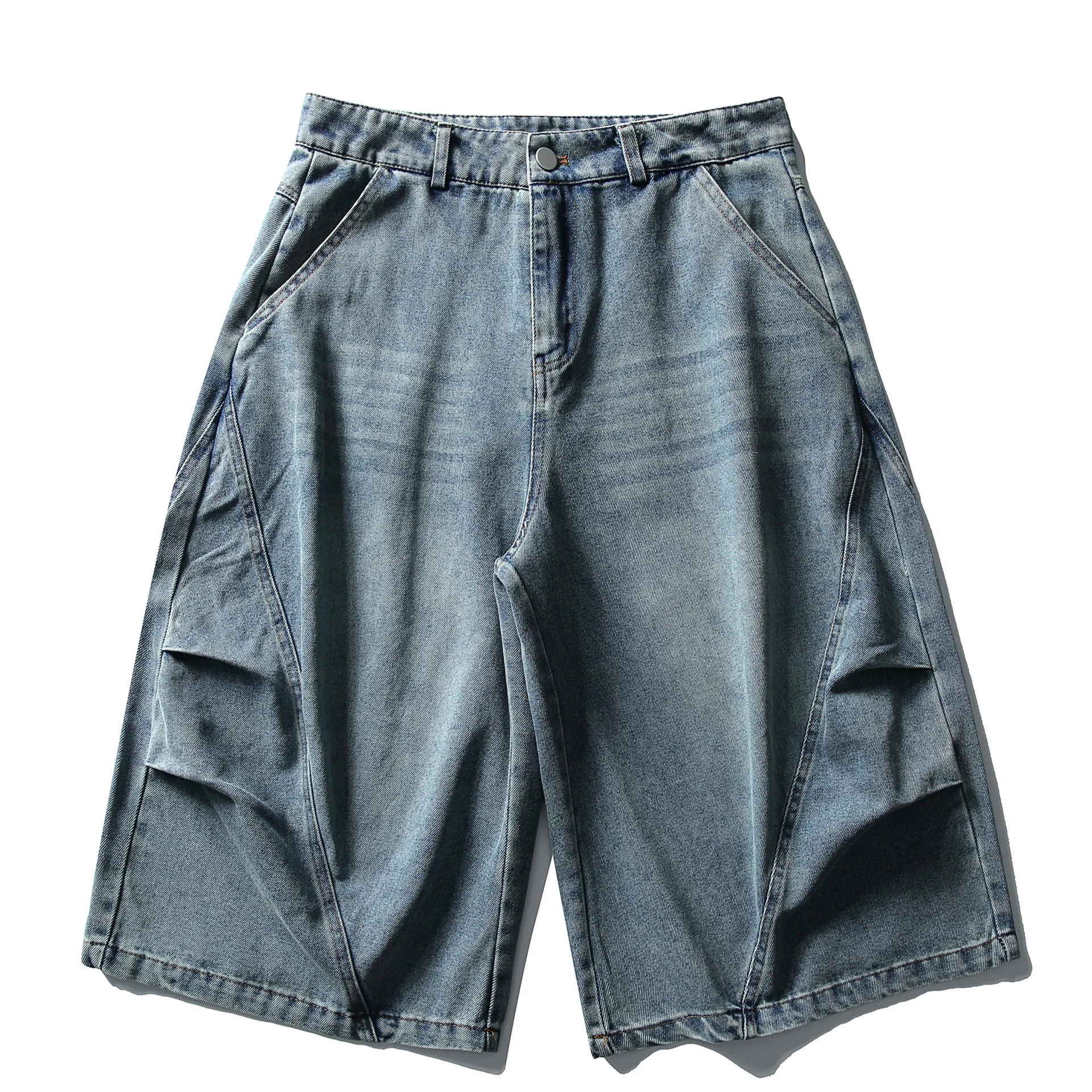 

Summer American Retro Washed Distressed Curved Knife Denim Cropped Pants for Men and Women Loose Workwear Wide Leg Casual Shorts