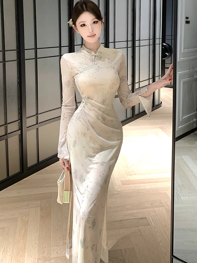 Women Print Mesh Beading Stand Collar Long Dress 2025 Korean Vintage Luxury Evening Dress Autumn Winter Elegant Bodycon Vestidos