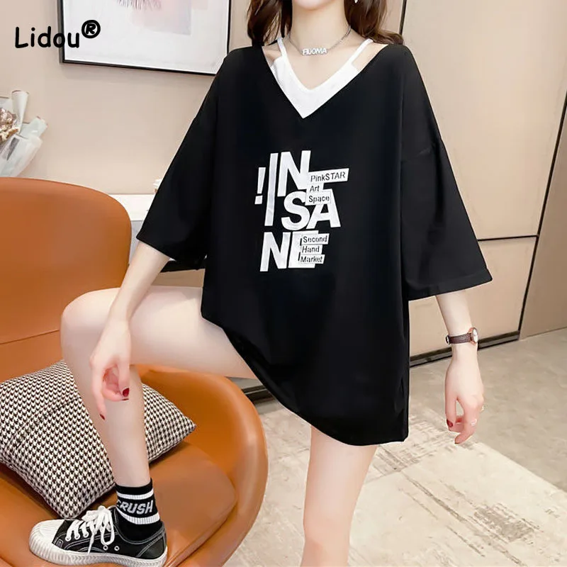 Fashion Casual Letter Printed Solid T-shirt Female Fake Two Pieces Loose V-Neck Spliced 3/4 Sleeve Tops Summer Women's Clothing