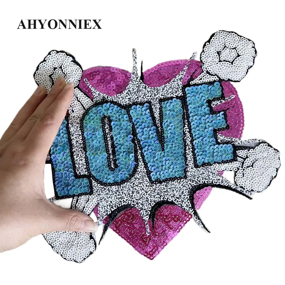 25CM X 21CM Shining LOVE Heart Embroidery Patch Sequins Patches For Clothing Applique Iron On Patches