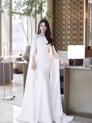 Elegant White Mermaid Prom Dresses Beading Crystals Saudi Arabia Long Sleeve Evening Gowns With Cape Party Formal Dress Robe De