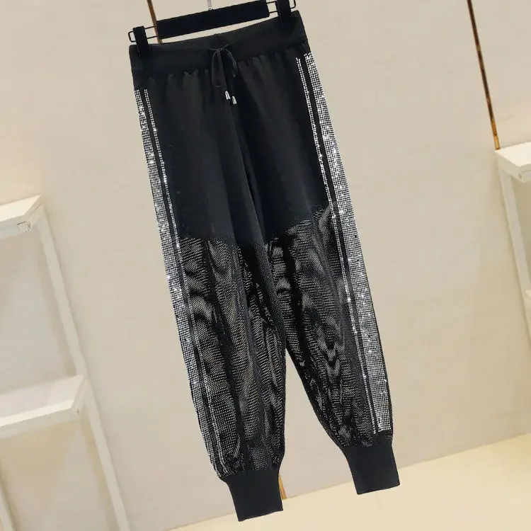 2021 New Hot Rhinestone High Waist Harem Casual Women \'s Pants Loose Spring Summer Autumn