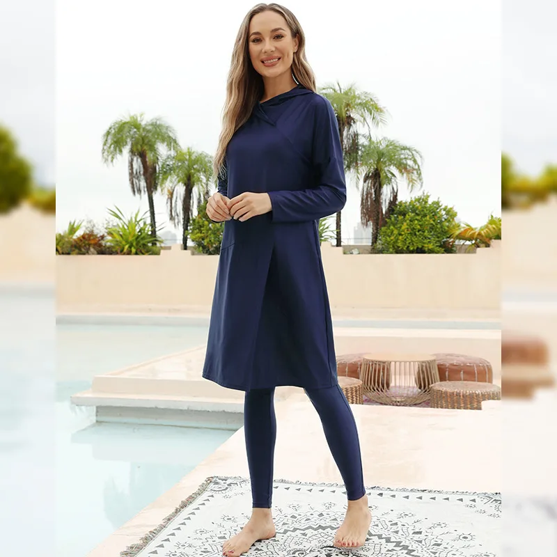 Roupa de banho azul muçulmana para mulheres, burkinis islâmicos, maiô de três peças, maiô islâmico, muçulmano, conjunto inteiro