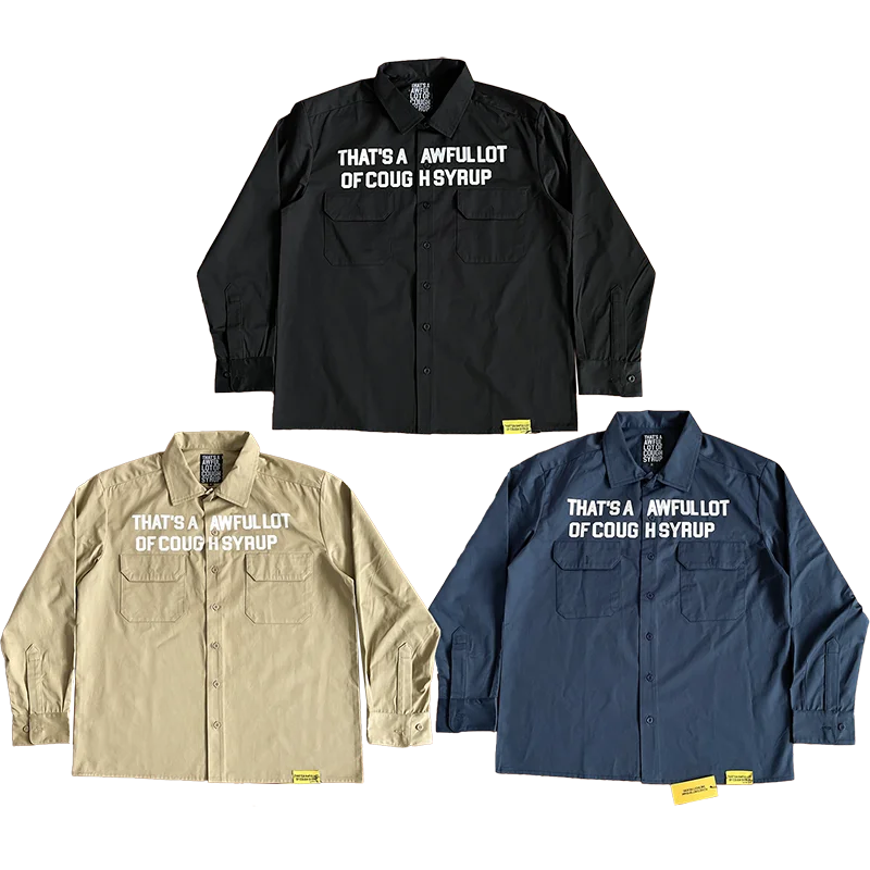 

Casual Long Sleeve Shirt Letter Print Cotton Pure Fabric Youth Wear Autumn Season Mens Shirt Standard Fit Printed Cough Syrup
