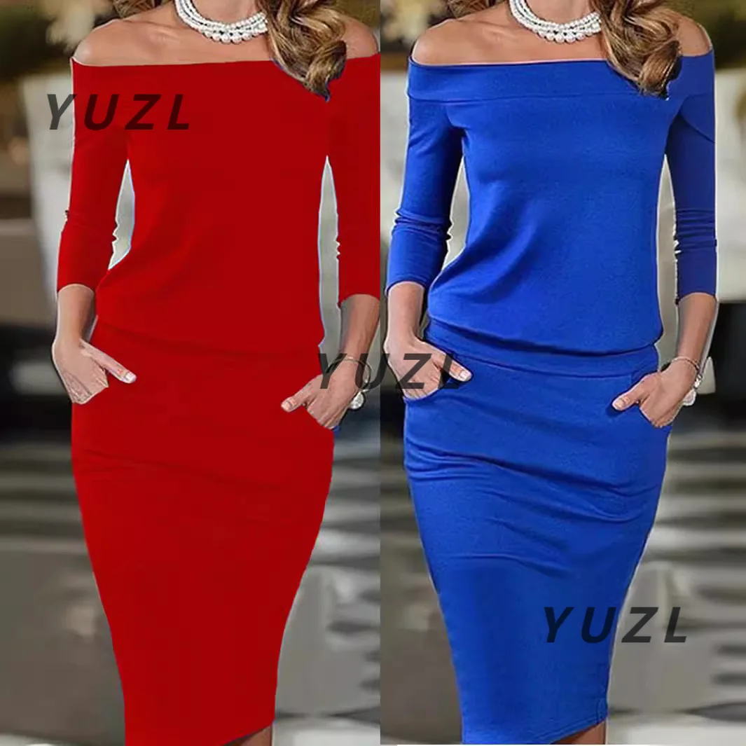 2025 nieuwe dameskleding sexy jurk kraag met één woord Europese en Amerikaanse nauwsluitende jurk met lange mouwen