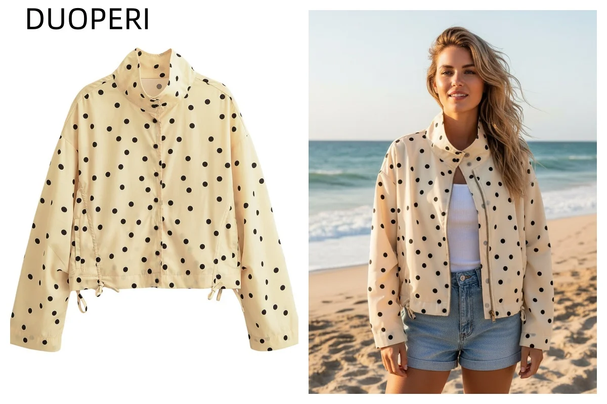 DUOPERI Women's Milk Apricot Polka Dot Short Jacket Stand Collar Drawstring Light Sunscreen Jacket Tops