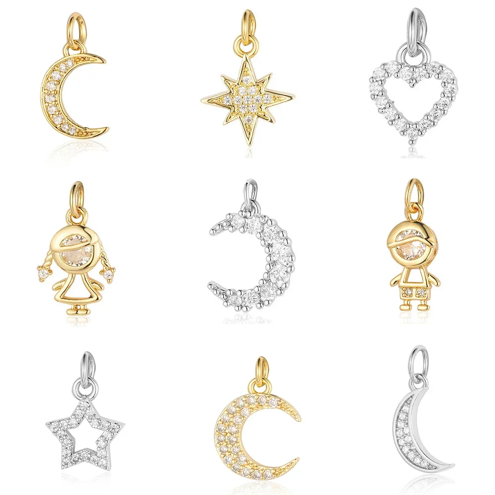 5pcs/Lot Moon Heart Copper Cubic Zircon Charms Hollow Star Crescent Girl Boy CZ Bracelet Earring Necklace Pendant Jewelry