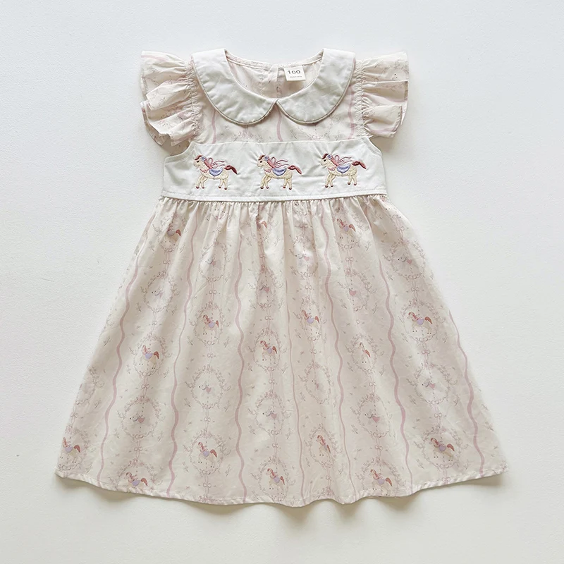 

2026 New Summer 2-7Yrs Baby Girl Birthday Party Dress Flying Sleeve Cotton Embroidery Kids Princess Dresses Baby Girl Clothing