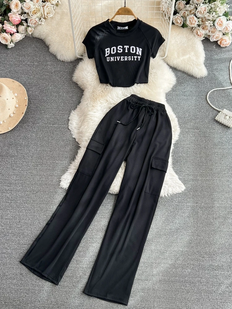 

Faionable Letter Print Crop Top And High Waist Wide Leg Pants Women's Two Piece Set Casual Slimming Workwear Ensemble
