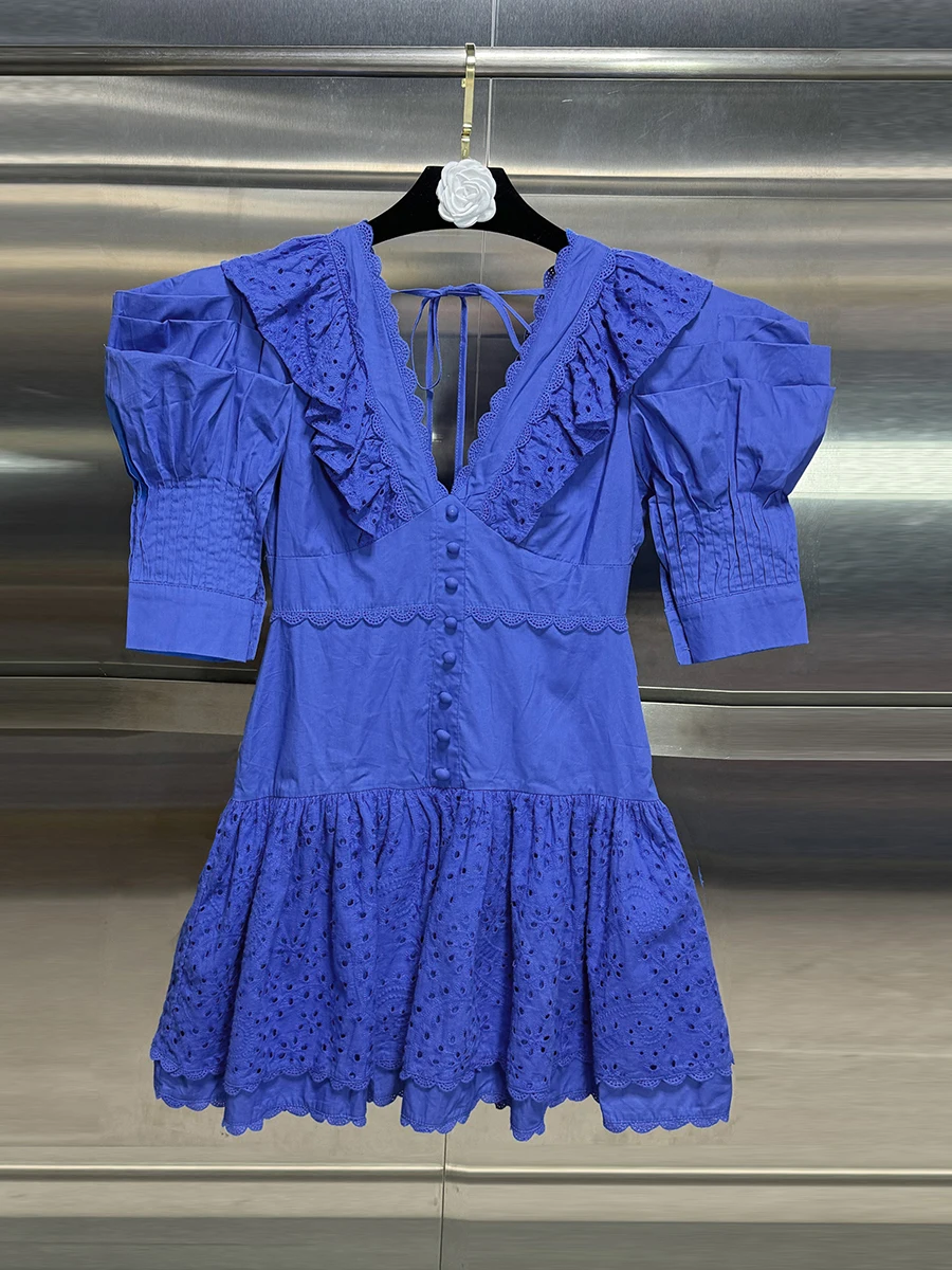VGH Solid Slimming Spliced Folds Elegant Dresses for Women V Neck Short Sleeves Patchwork Single Breasted Dress Female Clothing