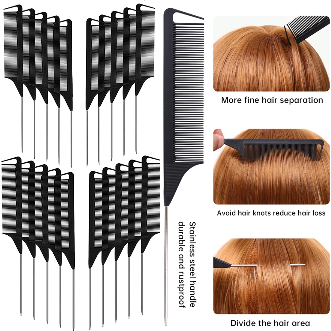 

36pcs/Lot Carbon Fiber Hair Parting Comb Rat Tail Comb Stainless Steel Pintail Comb Anti Static Heat Resistant Hairdressing Comb