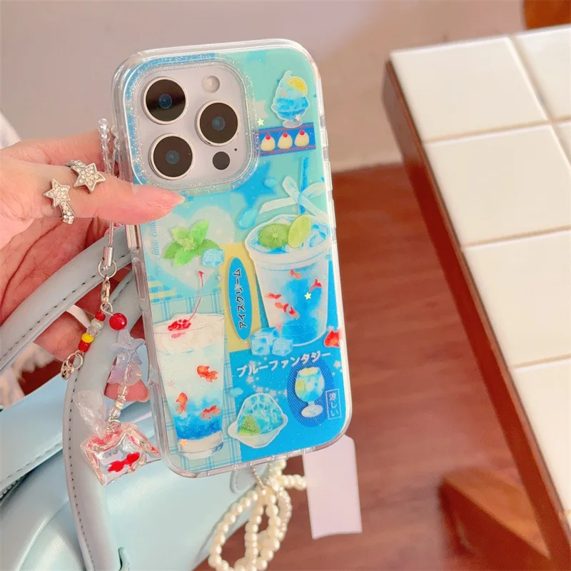 الليمون الصودا البوب الجليد بارد منعش ذهبية الفن جراب هاتف آيفون 16 15 14 13 برو ماكس حافظة لطيف الحلو الفاخرة الكرتون غطاء