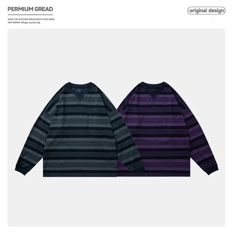 

Японская хлопковая футболка оверсайз с длинным рукавом и круглым вырезом, в полоску, плотная, для пар, повседневная, базовая