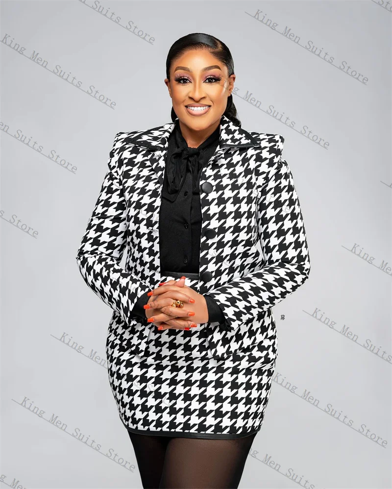 

Houndstooth Women Suits Skirt Set 2 Pieces Blazer+Prom Dress Customized Office Lady Jacket White Black Wedding Prom Coat