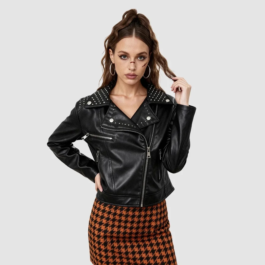 Women's Leather Jacket Women's Jacket Short Female Nails PU Slash Slim Leather Jacket