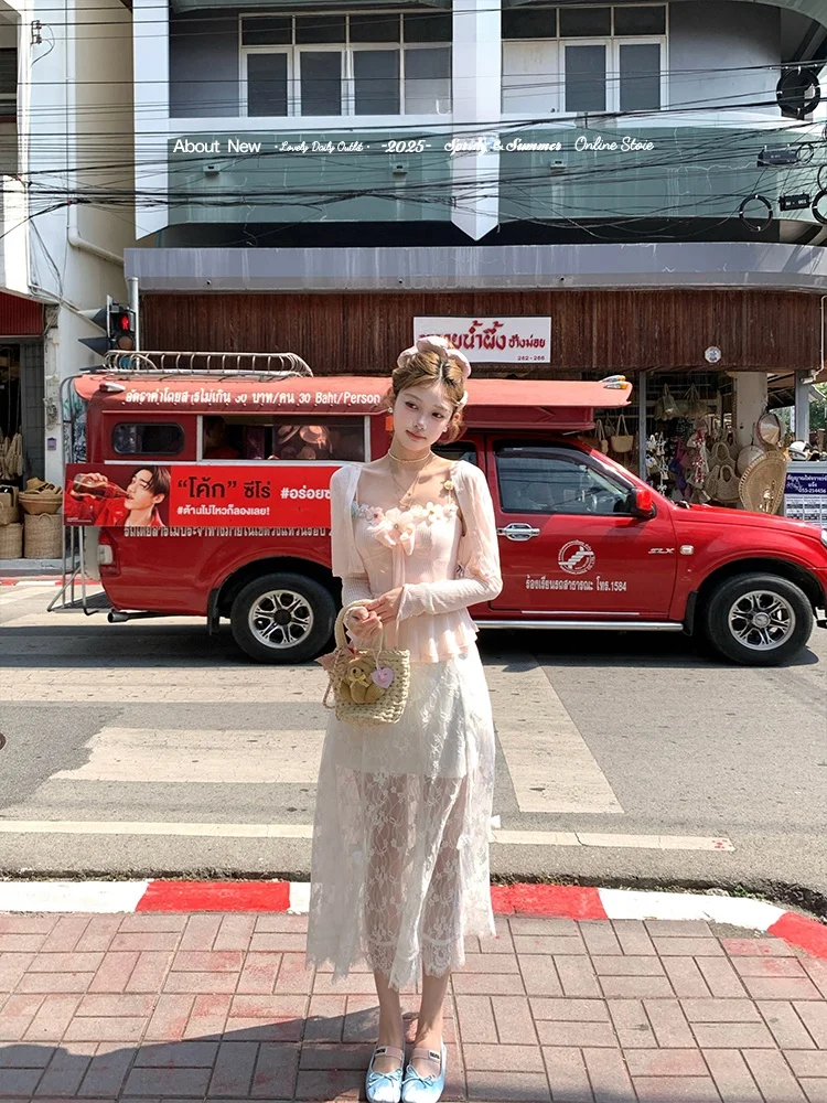 

Acaine Lace Skirt High Waist Embroidered Two-Way Women's Mid-Length A-Line Skirt Summer Faion Sweet Sle Polyester Blend