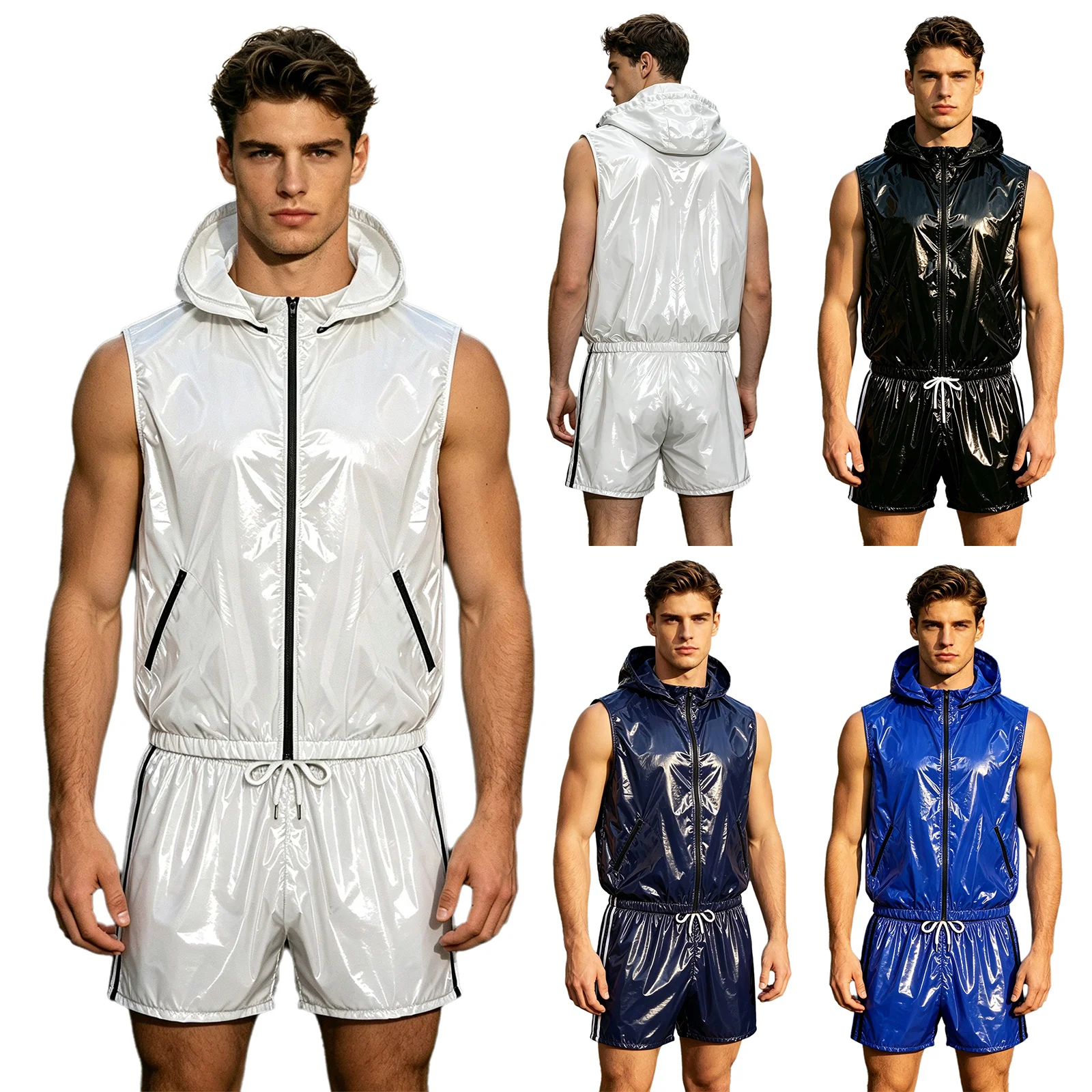Men's Waterproof Tracksuit Sleeveless Zipper Hooded Vest with Boxer Shorts Built-in Briefs Fitness Cycling Sportswear Clubwear view 5
